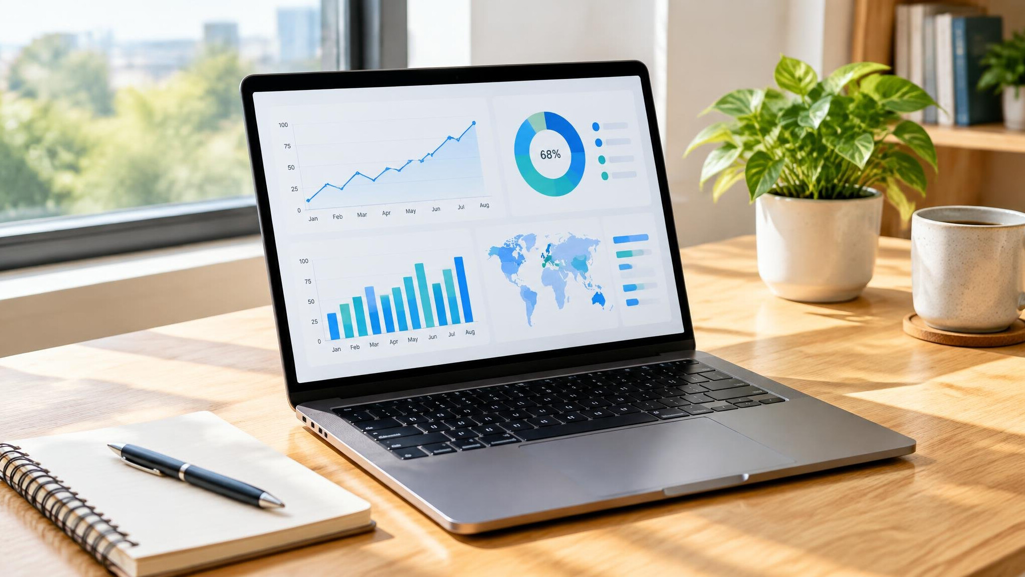 Laptop with analytics charts on a wooden desk